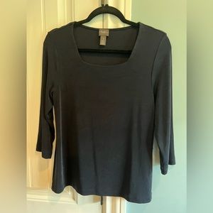 Chicos Travelers Size 1 (8/10M) Black 3/4 Sleeve Slinky Knit Top Square Neckline